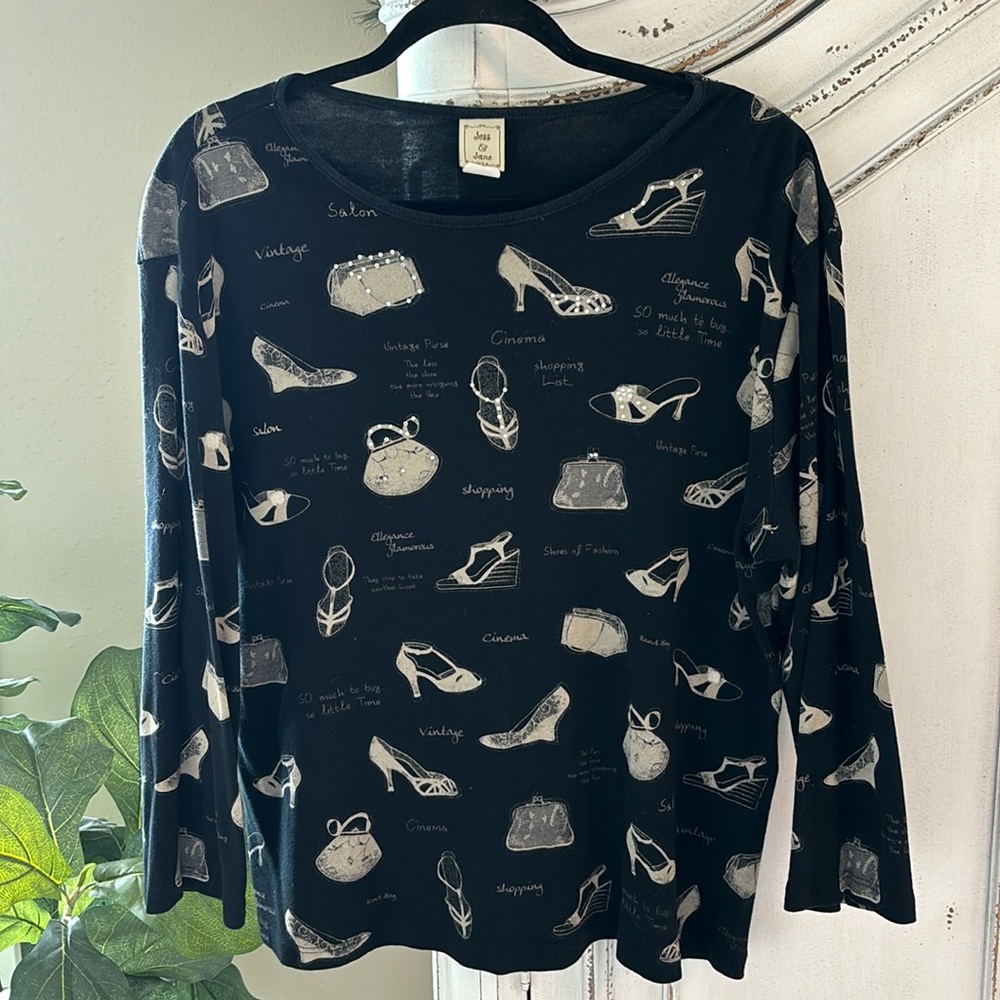 Jess & Jane 3/4 Sleeve Cotton Fashion Shoes & Purses Top, Women’s size 1X